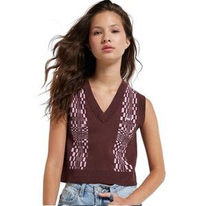 Obey Melissa Maroon Checkered Knit Sweater Vest Y2K Retro Street Cropped Top S